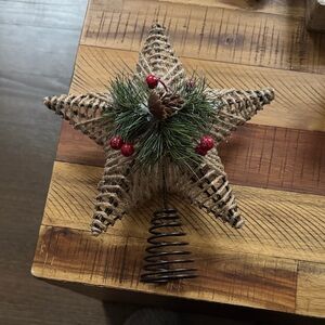 Rustic Burlap Star Tree Topper with Pinecone and Red Berries